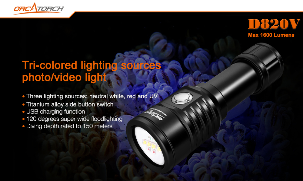 OrcaTorch D820V Underwater Video Light 1600 lumens