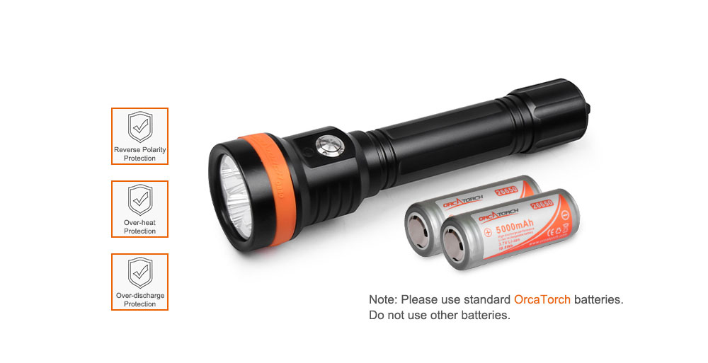 OrcaTorch D850 Dive Light Powered by Two 26650 Li-ion Batteries