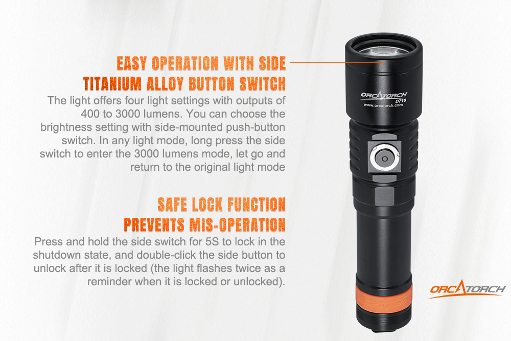 Orcatorch D710 Dive Light, Easy operation with side titanium alloy push-button switch